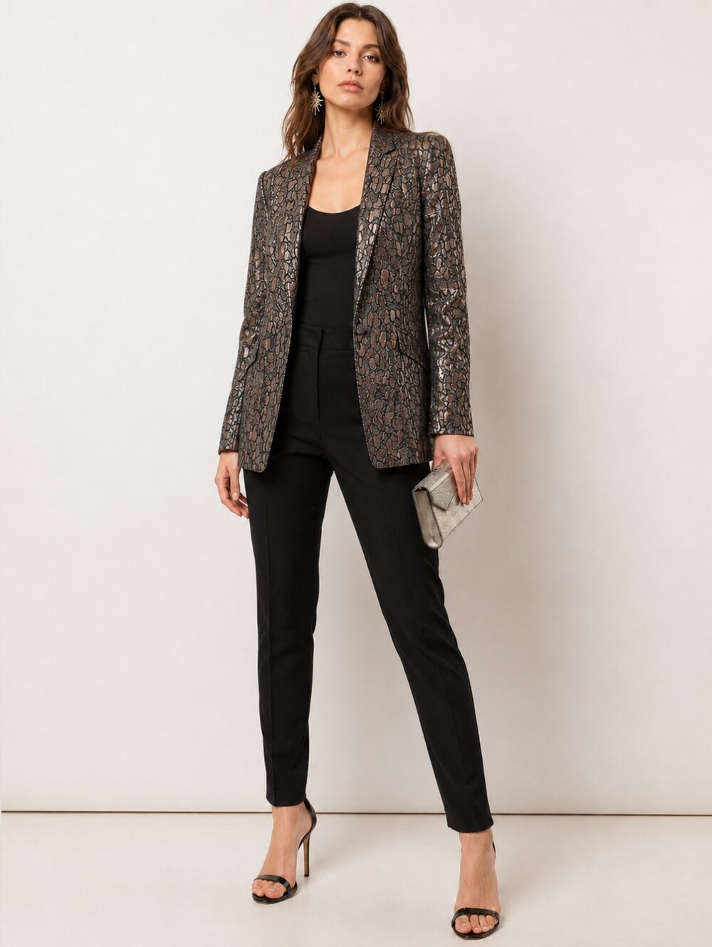 Metallic Snakeskin Jacquard Longline Blazer M